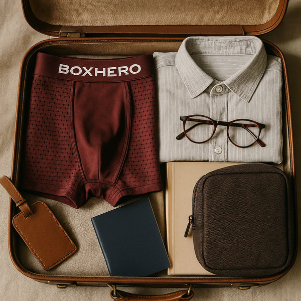 Open suitcase with BoxHero underwear and travel items
